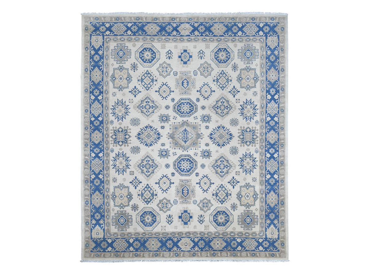 Kazak Kazak hand-knotted wool rug in Ivory & Blue, 7'9" x 9'3" — SKU O022196