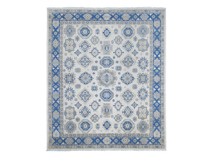 Kazak Kazak hand-knotted wool rug in Ivory & Blue, 7'9" x 9'3" — SKU O022196