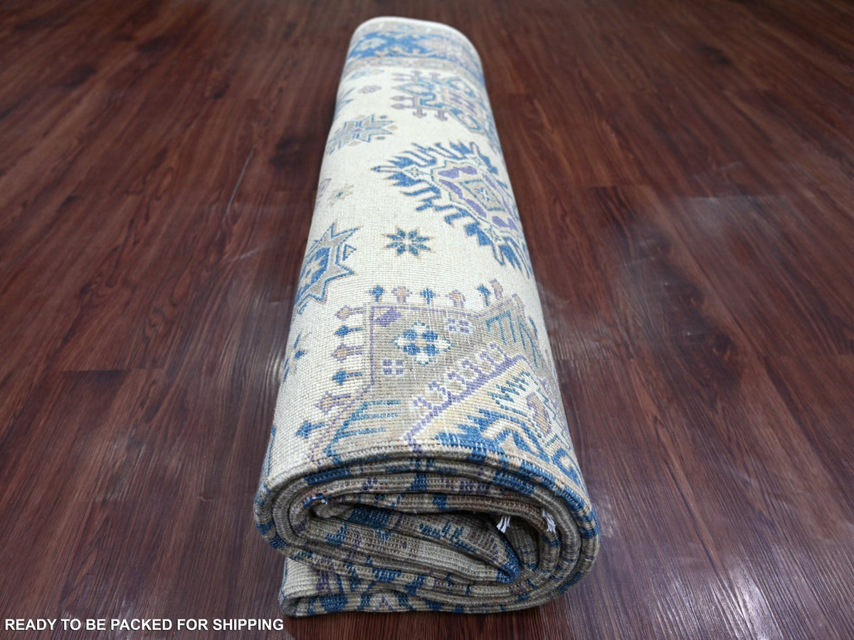 Kazak Kazak hand-knotted wool rug in Ivory & Blue, 7'9" x 9'3" — SKU O022196 (view 9)
