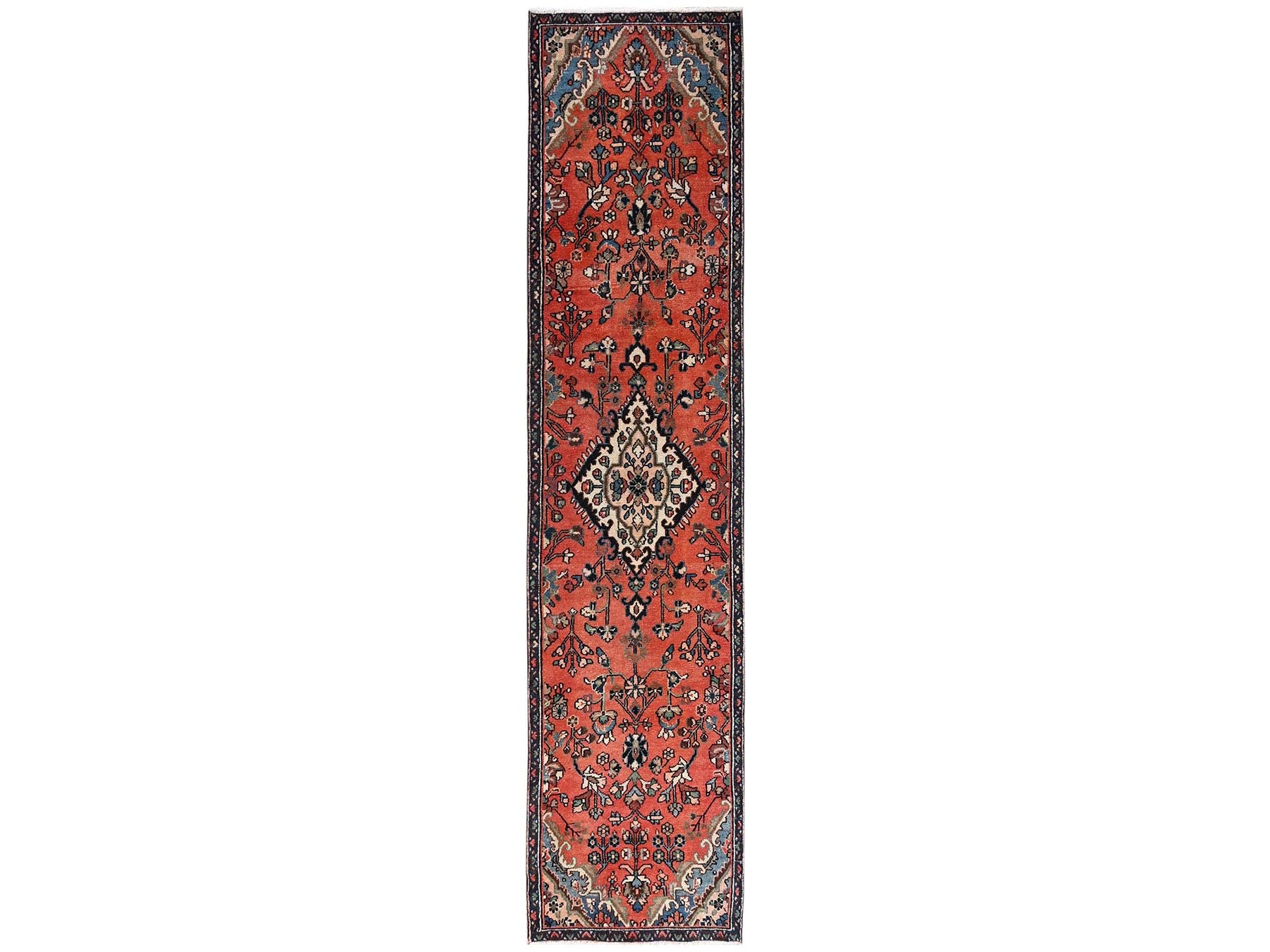 Vintage hand-knotted wool runner in Orange & Navy Blue, 2'9" x 12'2" — SKU O02219