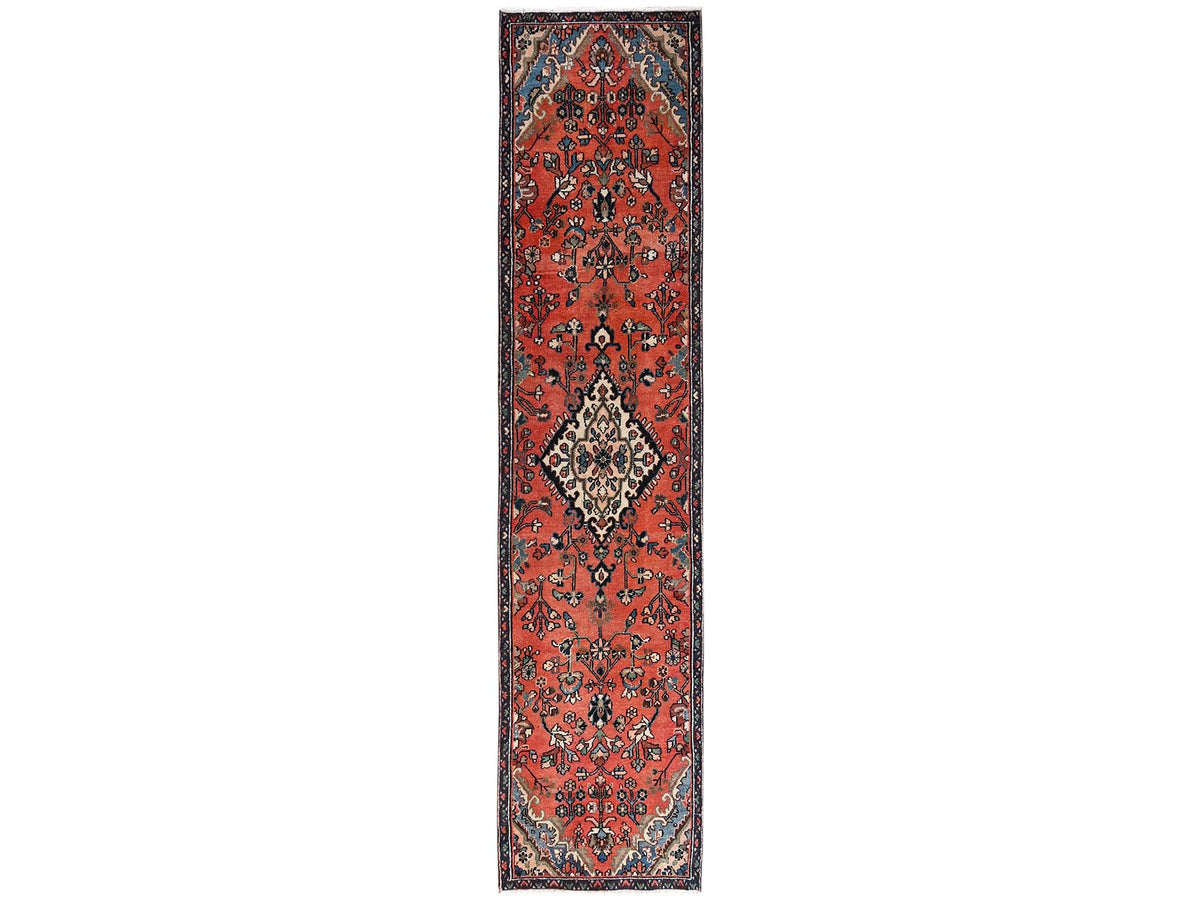 Vintage hand-knotted wool runner in Orange & Navy Blue, 2'9" x 12'2" — SKU O02219