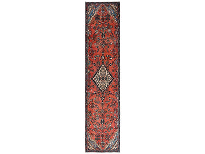 Vintage hand-knotted wool runner in Orange & Navy Blue, 2'9" x 12'2" — SKU O02219