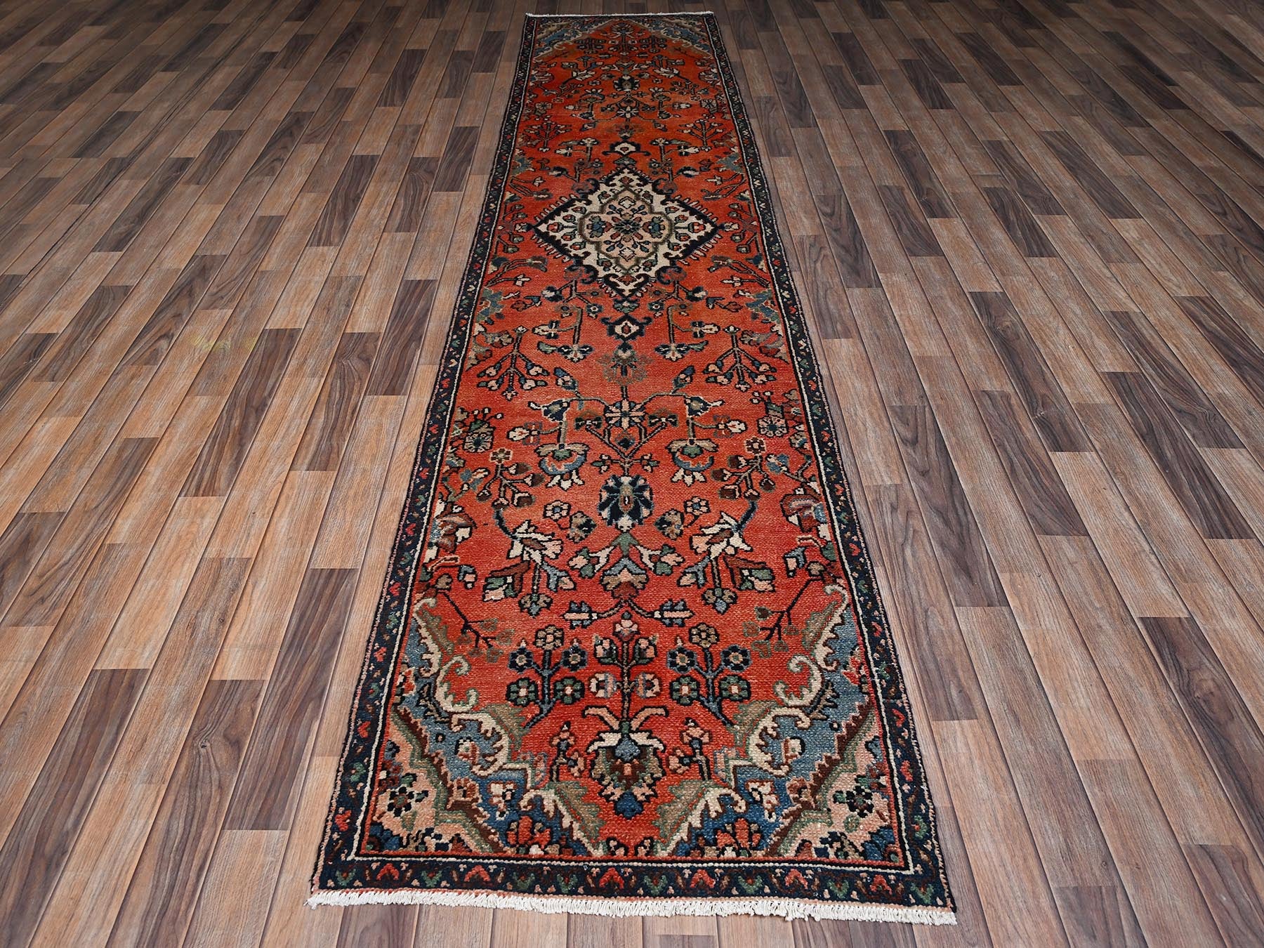 Vintage hand-knotted wool runner in Orange & Navy Blue, 2'9" x 12'2" — SKU O02219 (view 2)