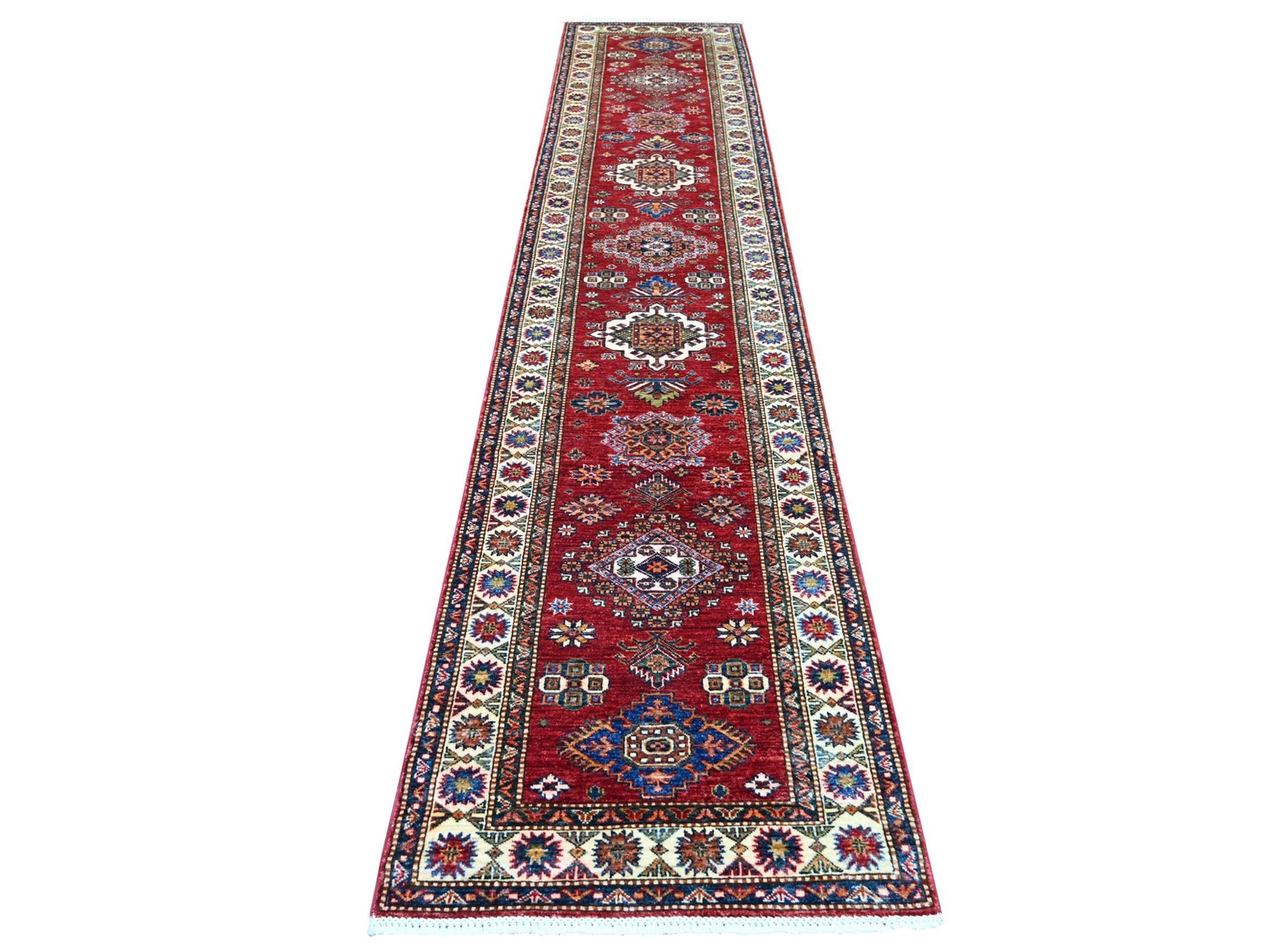Kazak Tribal & Geometric hand-knotted wool runner in Red & Ivory, 2'8" x 12'10" — SKU O022203
