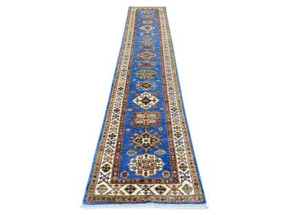Blue 2'6" x 12'11" Tribal & Geometric Hand knotted Wool Rug - Sku: O022207