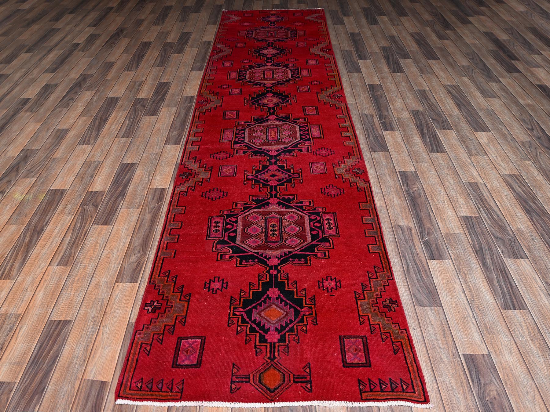 Vintage hand-knotted wool runner in Red, 3'1" x 12'4" — SKU O02220 (view 2)