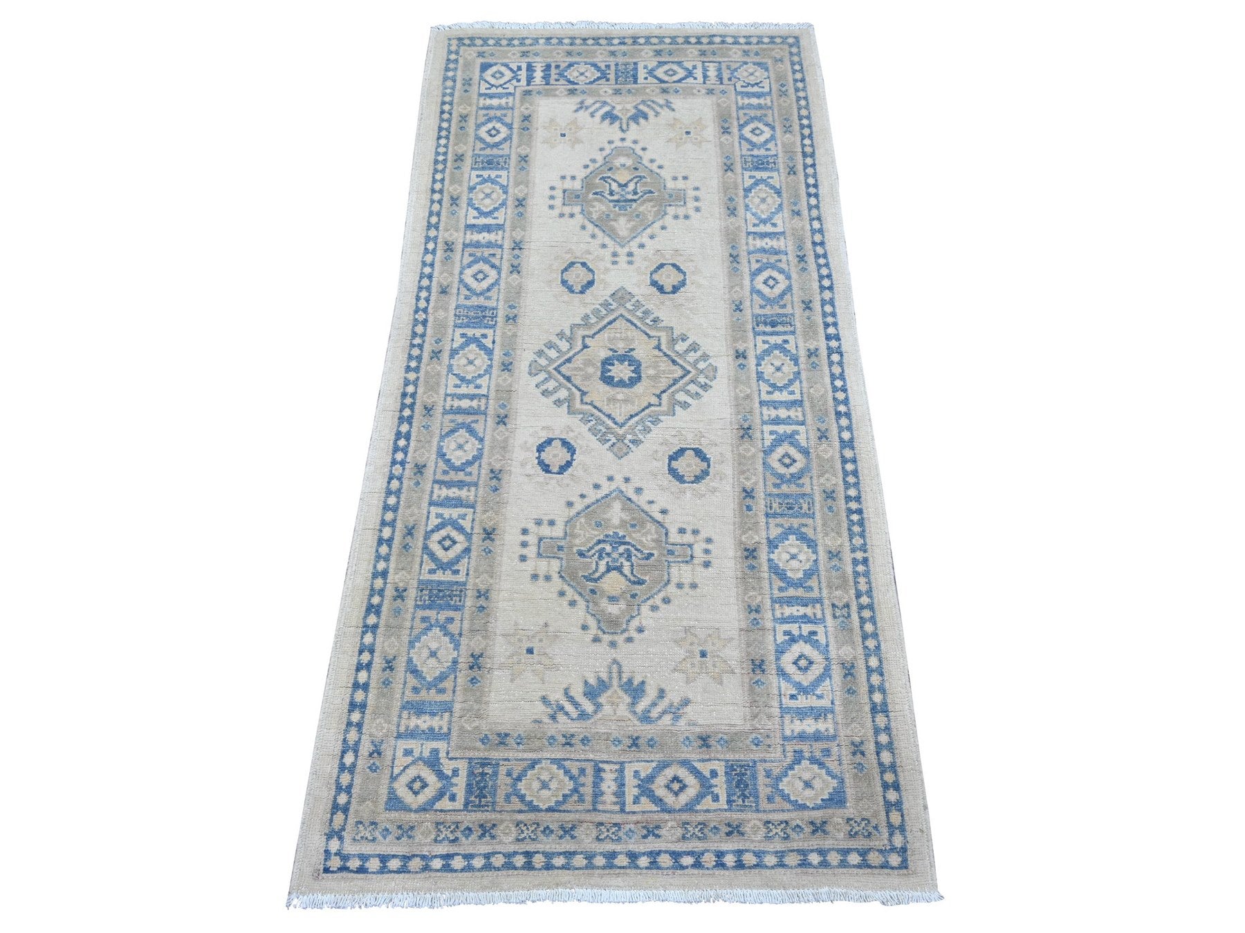 Kazak Kazak hand-knotted wool runner in Ivory & Blue, 2'6" x 5'3" — SKU O022215