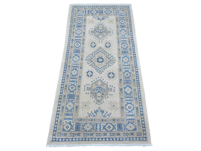 Kazak Kazak hand-knotted wool runner in Ivory & Blue, 2'6" x 5'3" — SKU O022215