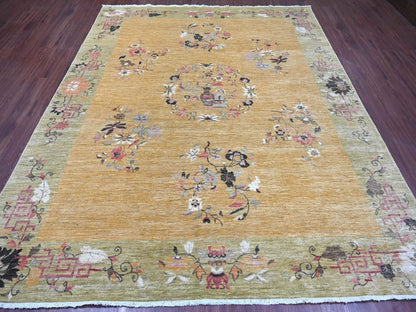 Brown 8'0" x 9'7" Oushak And Peshawar Hand knotted Wool Rug - Sku: O022231