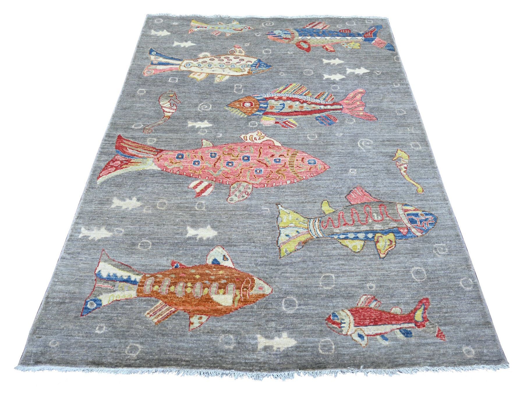 Grey 5'0" x 6'9" Modern and Contemporary Hand knotted Wool Rug - Sku: O022243