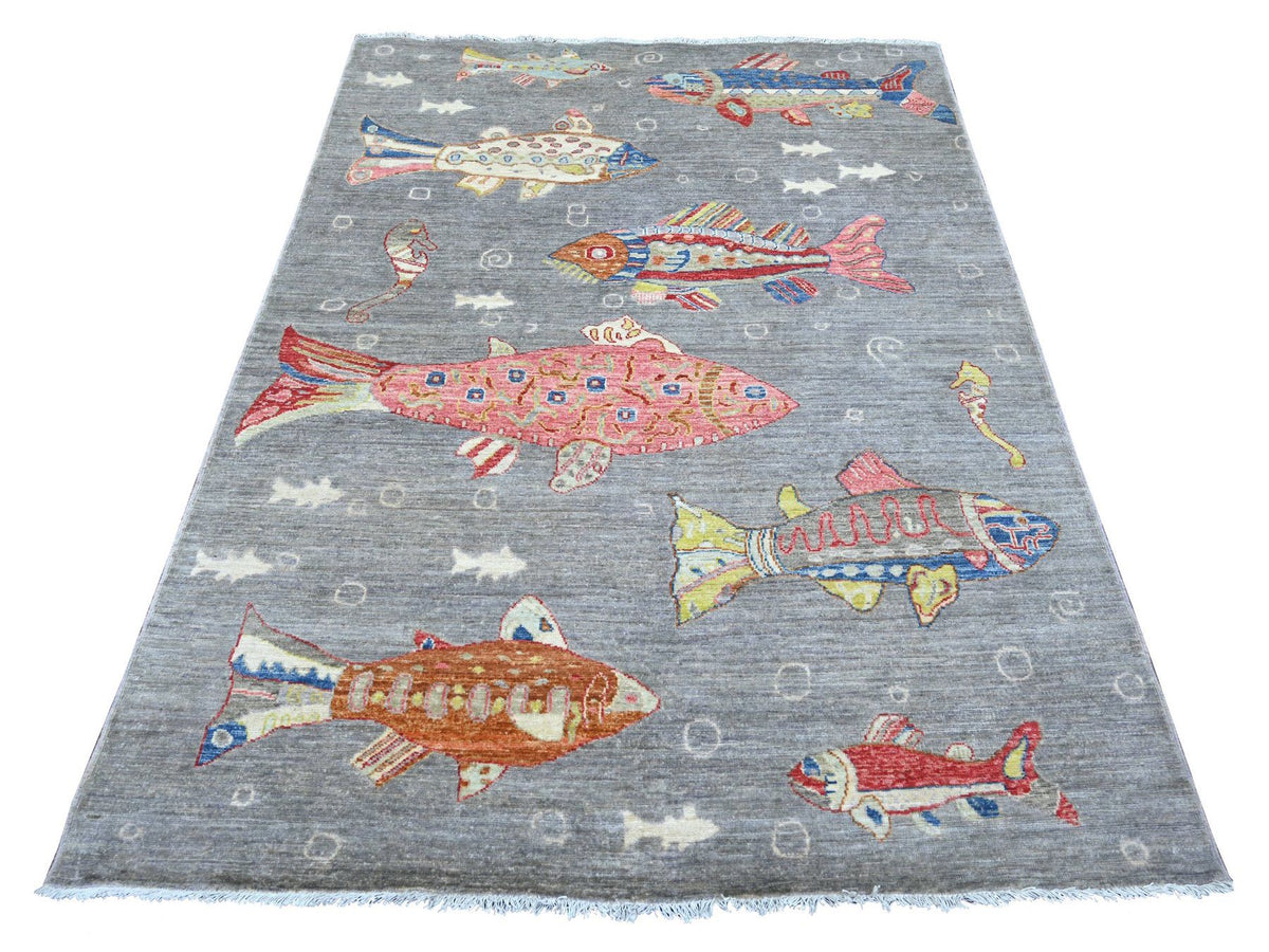 Peshawar Modern / Contemporary hand-knotted wool rug in Gray, 5' x 6'9" — SKU O022243