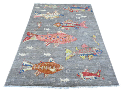 Peshawar Modern / Contemporary hand-knotted wool rug in Gray, 5' x 6'9" — SKU O022243