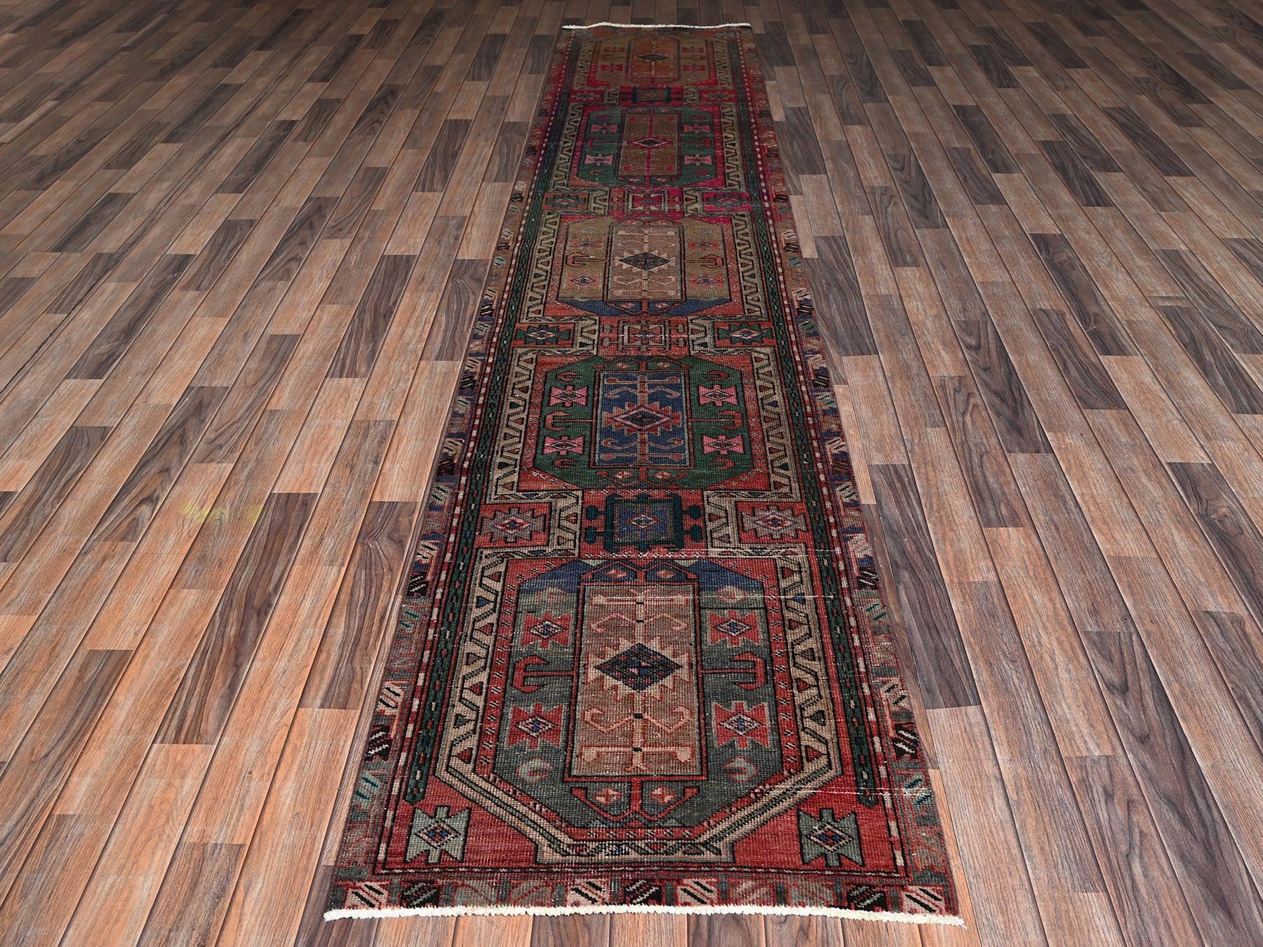Vintage hand-knotted wool runner in Red, 2'7" x 12'5" — SKU O02224 (view 2)