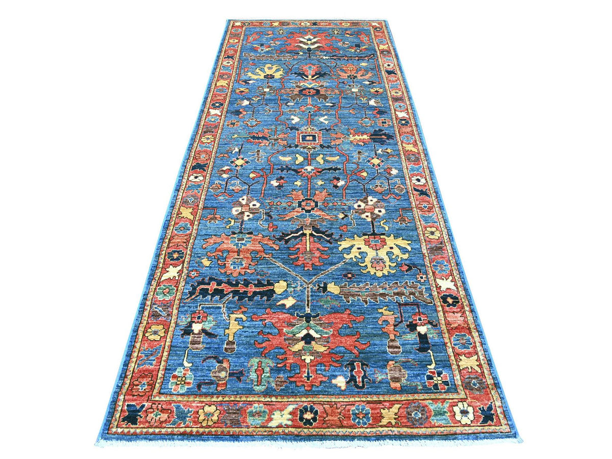 Heriz Tribal hand-knotted wool runner in Blue, 4' x 10', SKU O022252