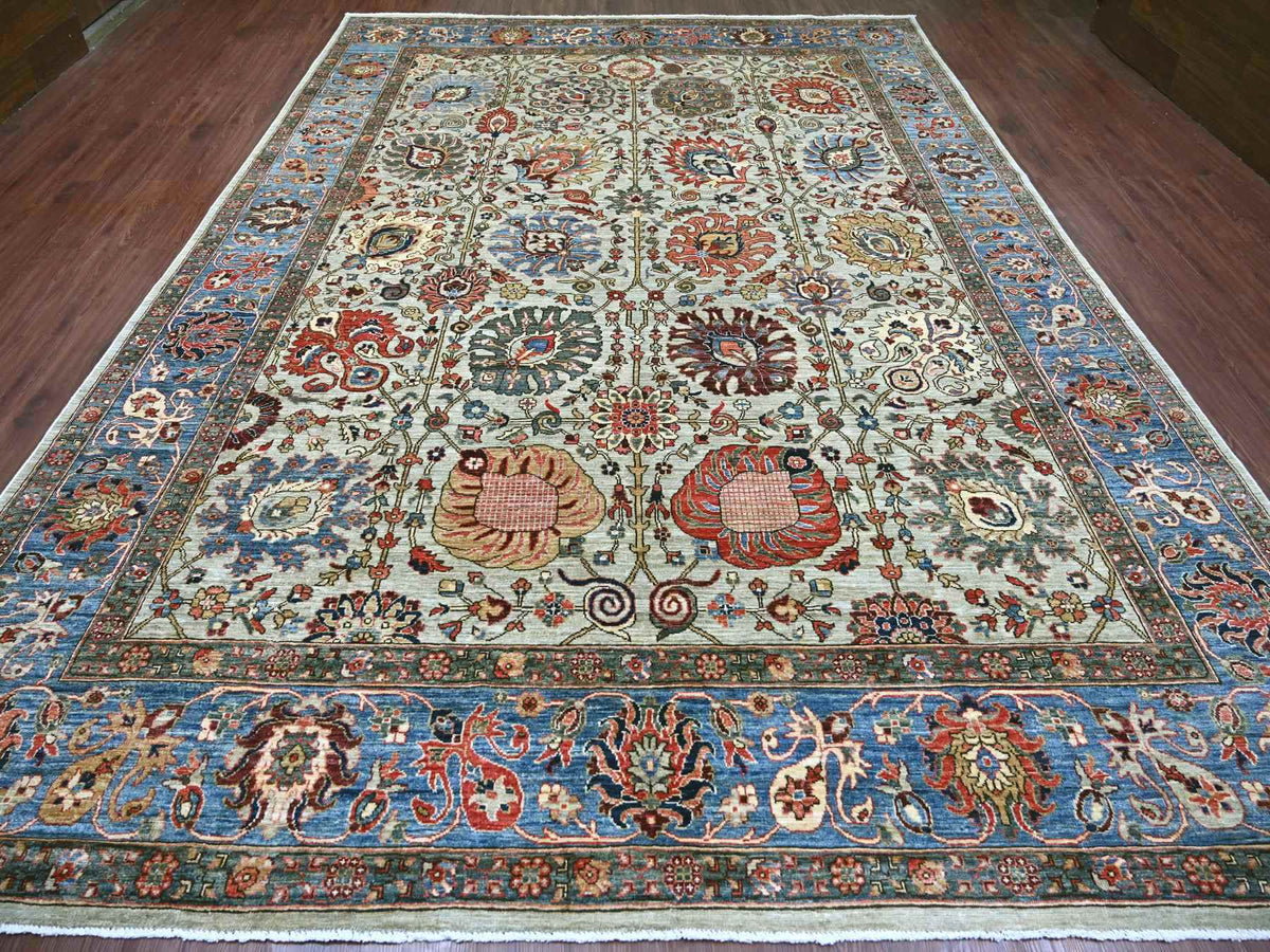 Tribal & Geometric hand-knotted wool rug in Gray & Blue, 9'9" x 13'8" — SKU O022253 (view 2)
