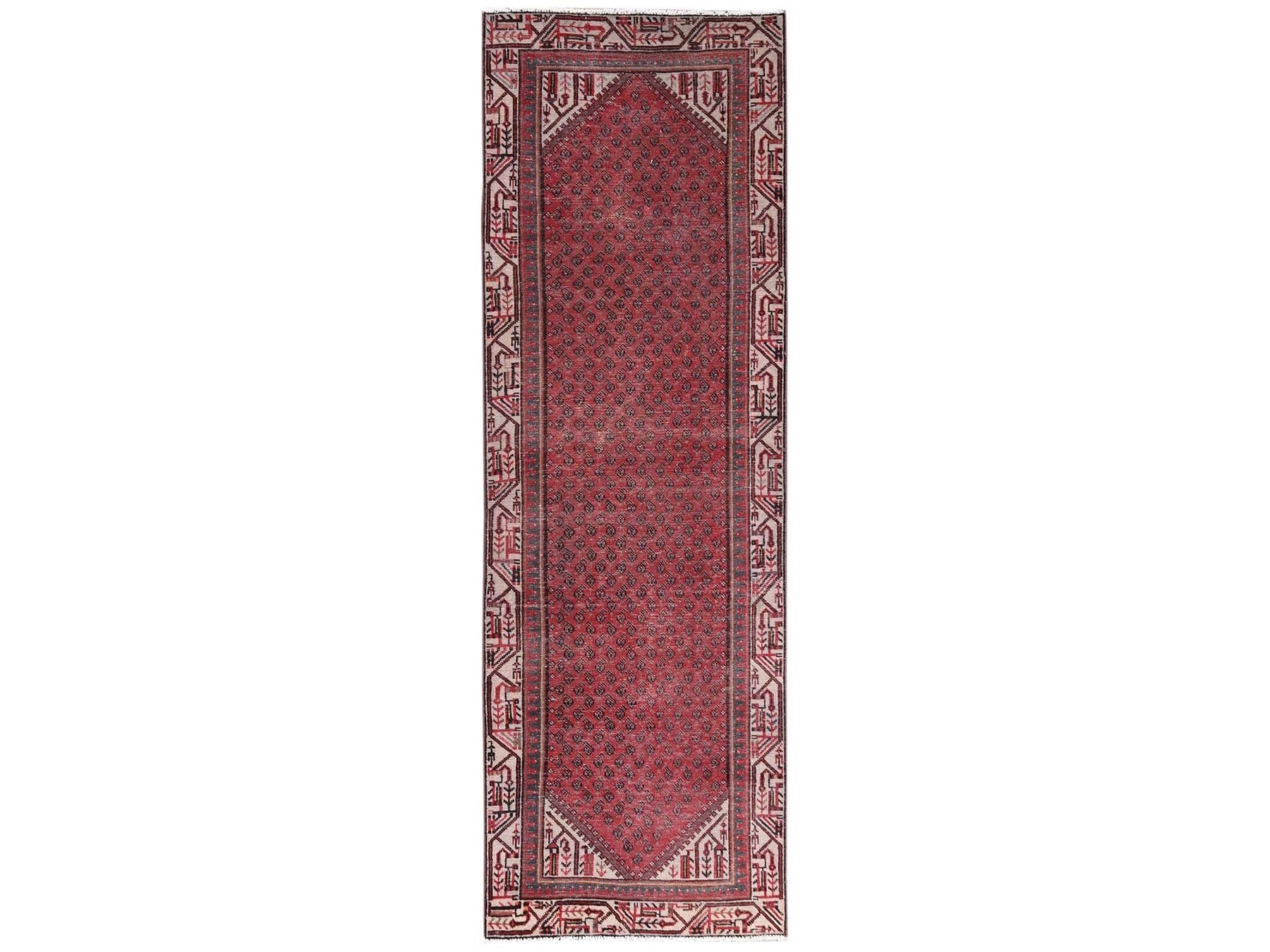 Sarouk Vintage hand-knotted wool runner in Red & Ivory, 3' x 9'5" — SKU O02226