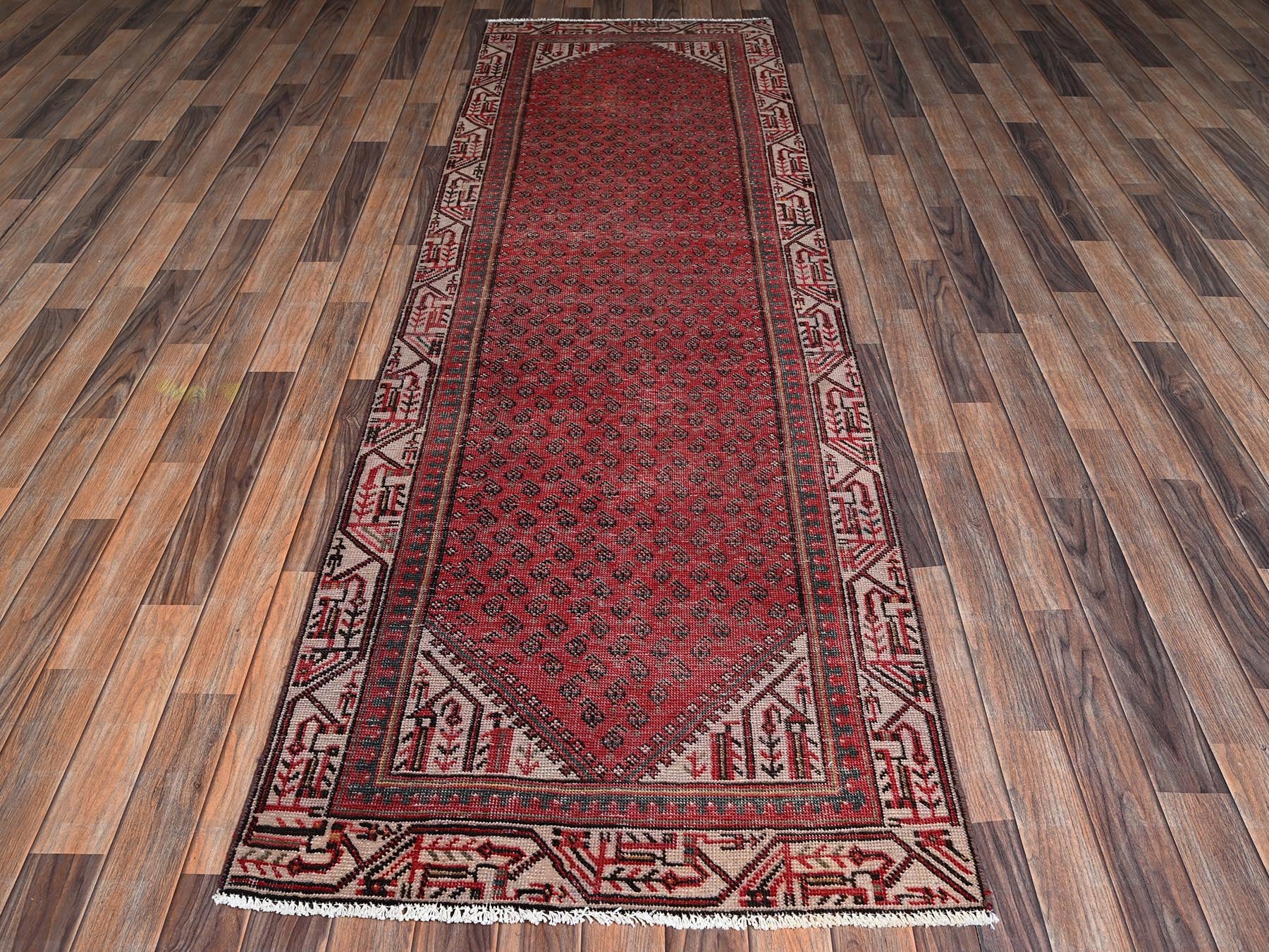 Sarouk Vintage hand-knotted wool runner in Red & Ivory, 3' x 9'5" — SKU O02226 (view 2)
