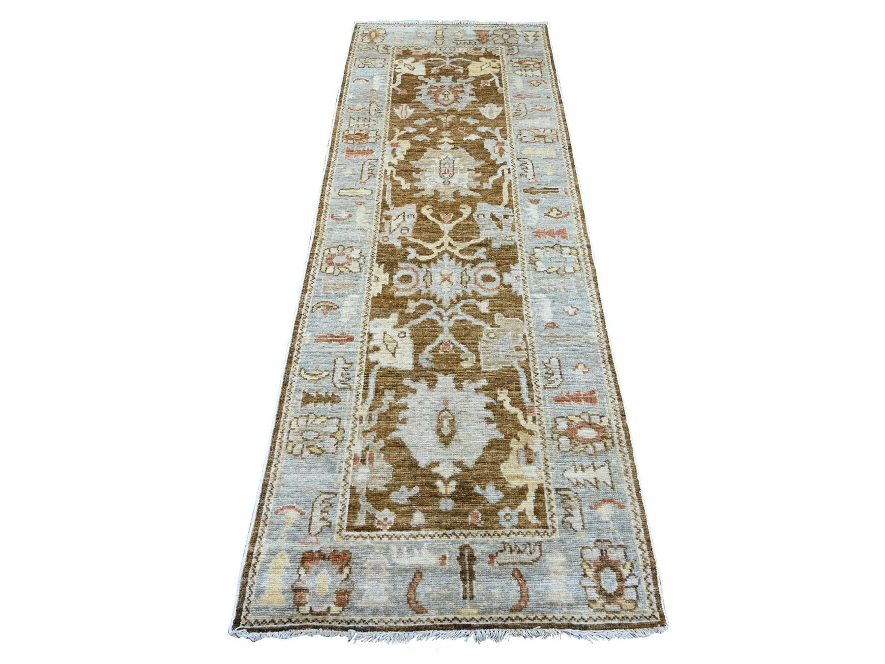 Brown 2'9" x 7'11" Oushak And Peshawar Hand knotted Wool Rug - Sku: O022270