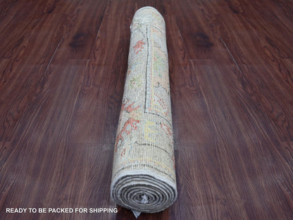 Grey 2'9" x 8'2" Oushak And Peshawar Hand knotted Wool Rug - Sku: O022276