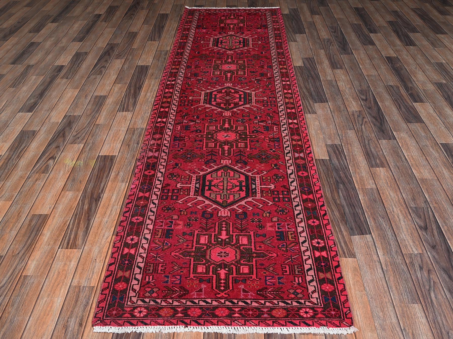 Vintage hand-knotted wool runner in Pink & Chocolate Brown, 2'10" x 9'8" — SKU O02227 (view 2)