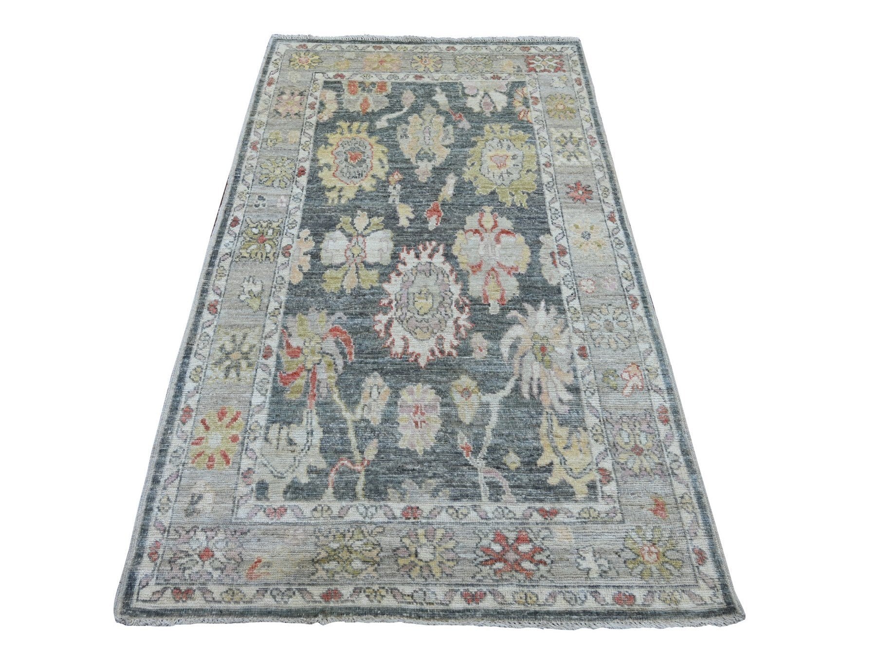 Grey 3'10" x 6'3" Oushak And Peshawar Hand knotted Wool Rug - Sku: O022298