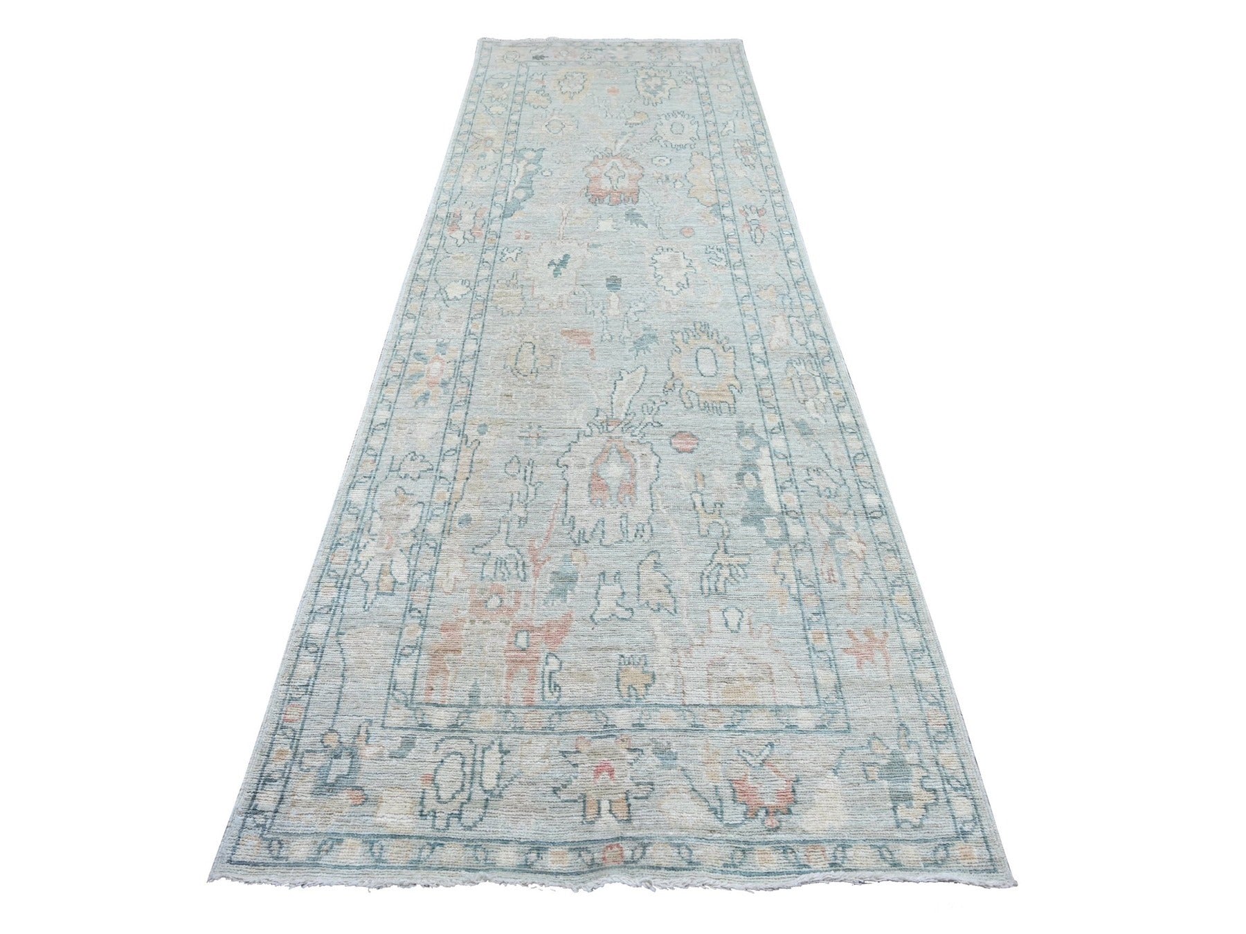 Blue 3'11" x 11'10" Oushak And Peshawar Hand knotted Wool Rug - Sku: O022300