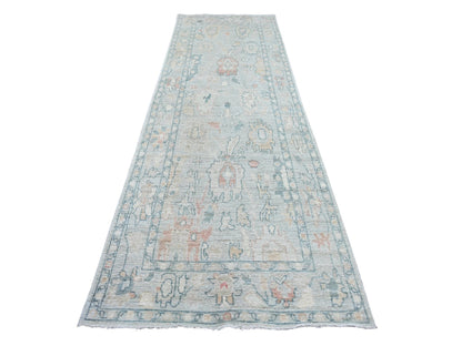 Blue 3'11" x 11'10" Oushak And Peshawar Hand knotted Wool Rug - Sku: O022300