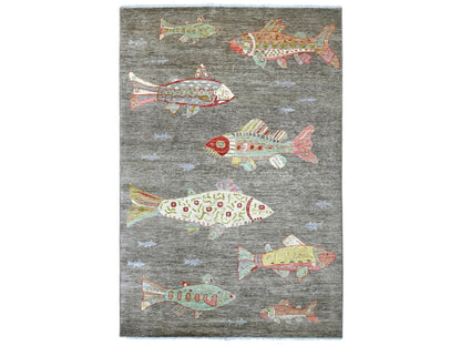 Grey 5'11" x 8'10" Modern and Contemporary Hand knotted Wool Rug - Sku: O022303