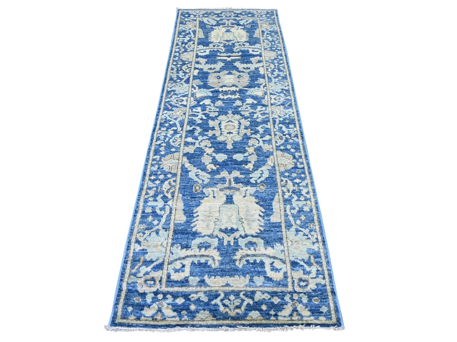 Blue 2'11" x 9'0" Oushak And Peshawar Hand knotted Wool Rug - Sku: O022312