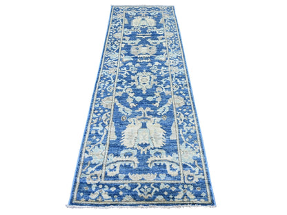 Blue 2'11" x 9'0" Oushak And Peshawar Hand knotted Wool Rug - Sku: O022312
