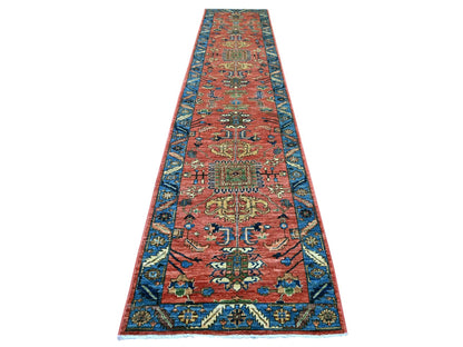 Heriz Tribal & Geometric hand-knotted wool runner in Orange & Blue, 3'1" x 15'4" — SKU O022318