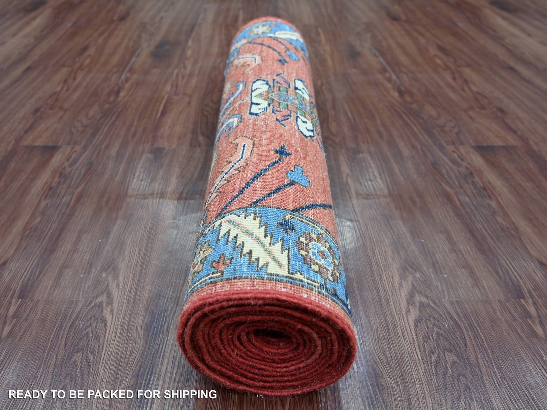 Heriz Tribal & Geometric hand-knotted wool runner in Orange & Blue, 3'1" x 15'4" — SKU O022318 (view 4)