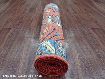 Heriz Tribal & Geometric hand-knotted wool runner in Orange & Blue, 3'1" x 15'4" — SKU O022318 (view 4)