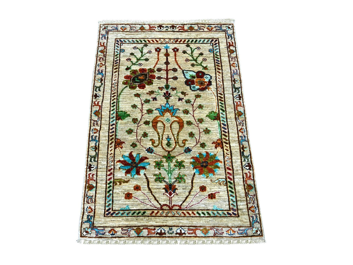 Tribal & Geometric hand-knotted wool rug in Ivory, 2'8" x 3'11" — SKU O022326