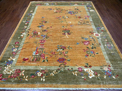 Brown 8'3" x 9'9" Oushak And Peshawar Hand knotted Wool Rug - Sku: O022333