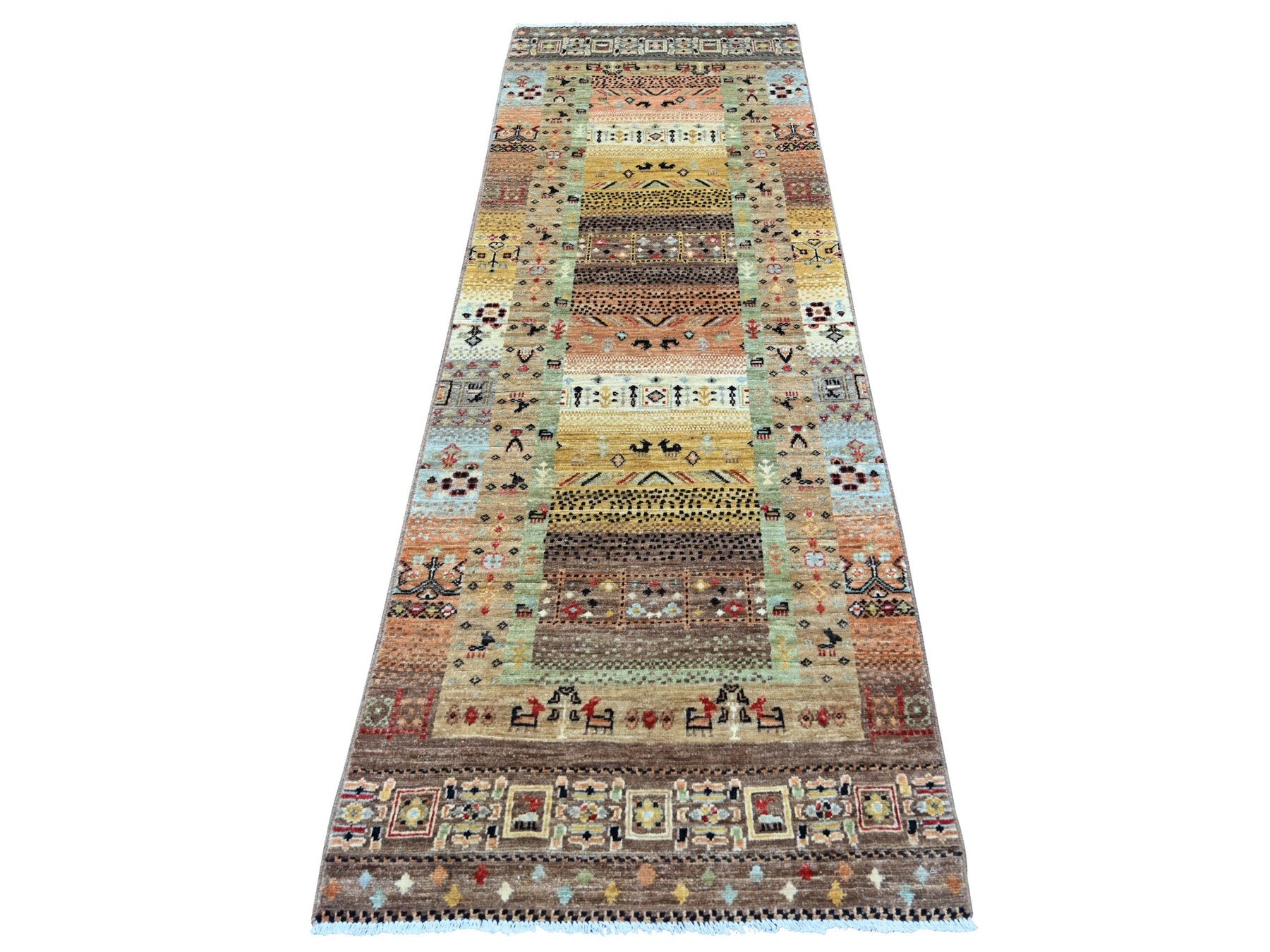 Brown 2'7" x 7'9" Tribal & Geometric Hand knotted Wool Rug - Sku: O022379