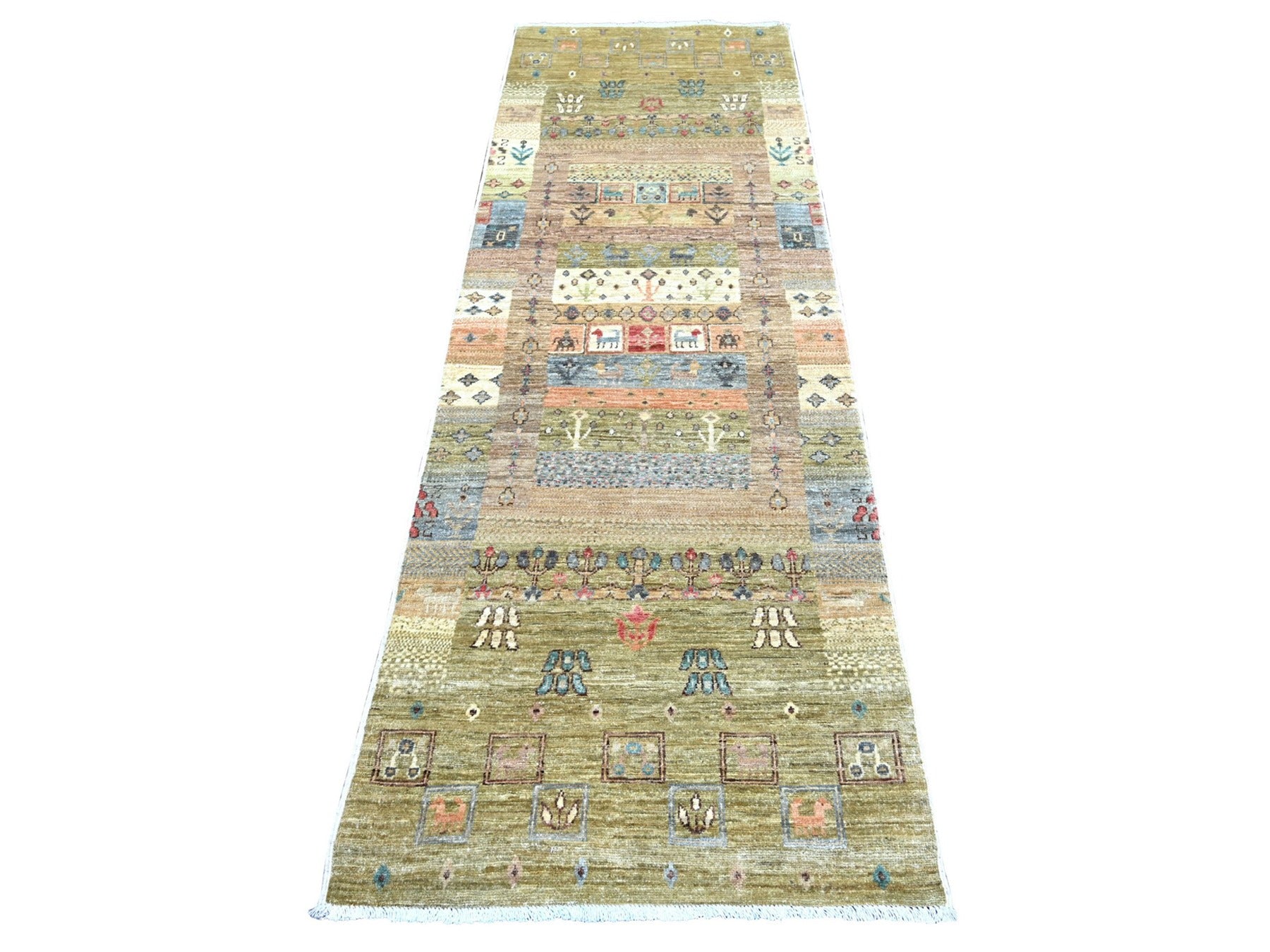 Green 2'8" x 7'11" Tribal & Geometric Hand knotted Wool Rug - Sku: O022381