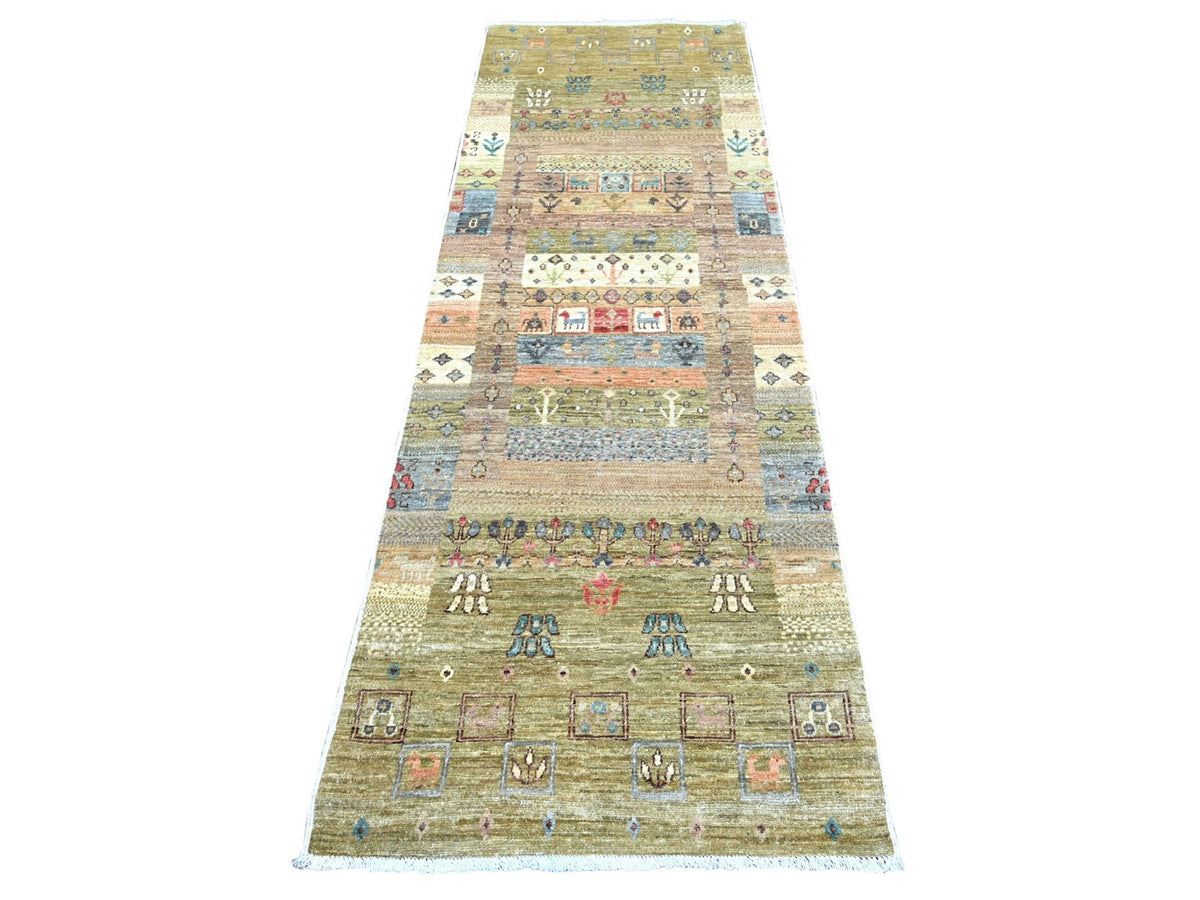 Gabbeh Tribal & Geometric hand-knotted wool runner in Green, 2'8" x 7'11" — SKU O022381