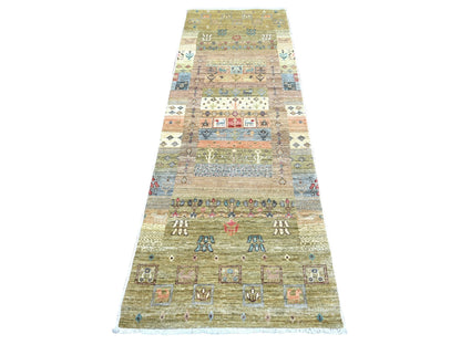 Gabbeh Tribal & Geometric hand-knotted wool runner in Green, 2'8" x 7'11" — SKU O022381