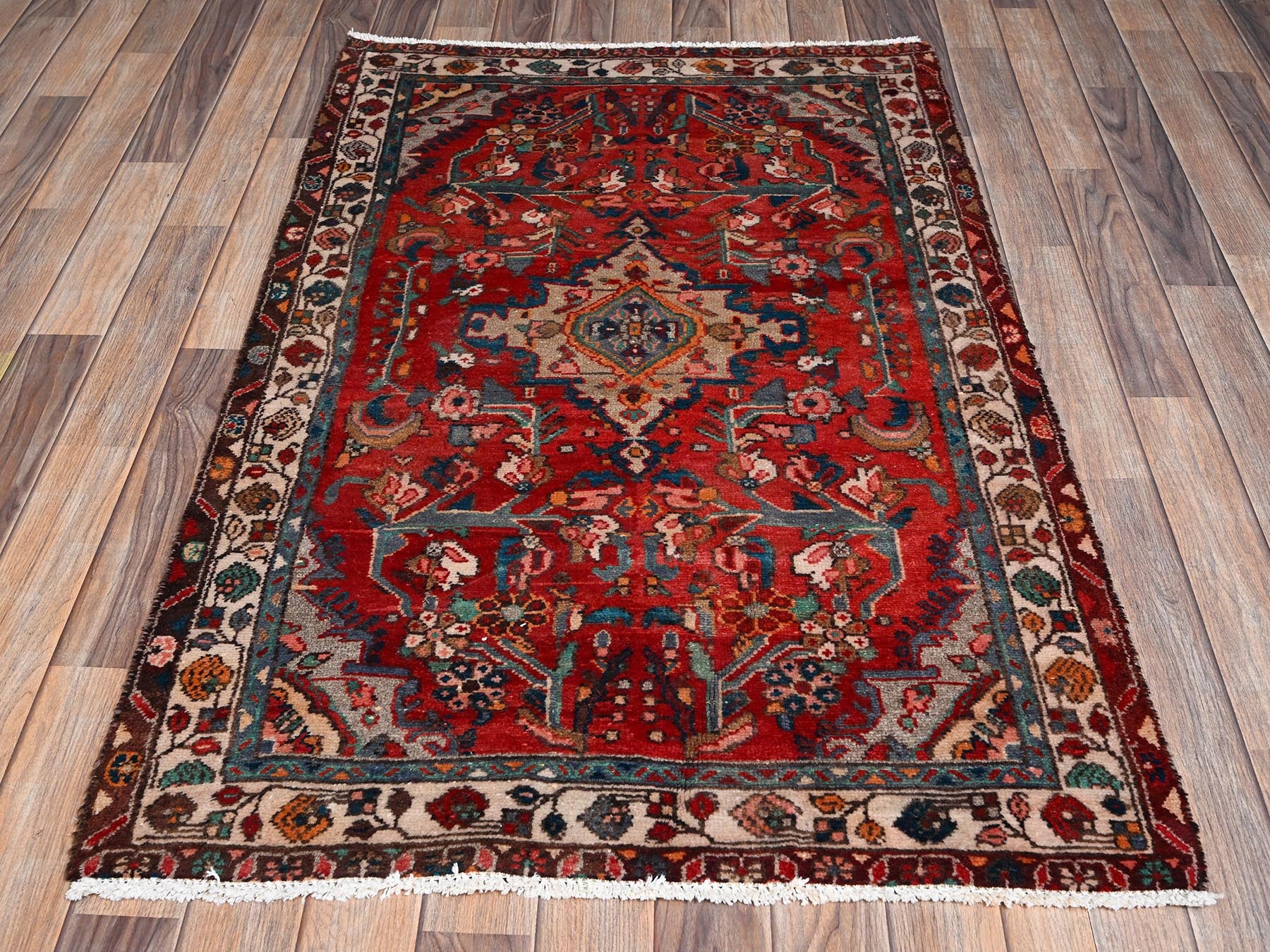 Red 3'1" x 4'10" Vintage Hand knotted Wool Rug - Sku: O02238