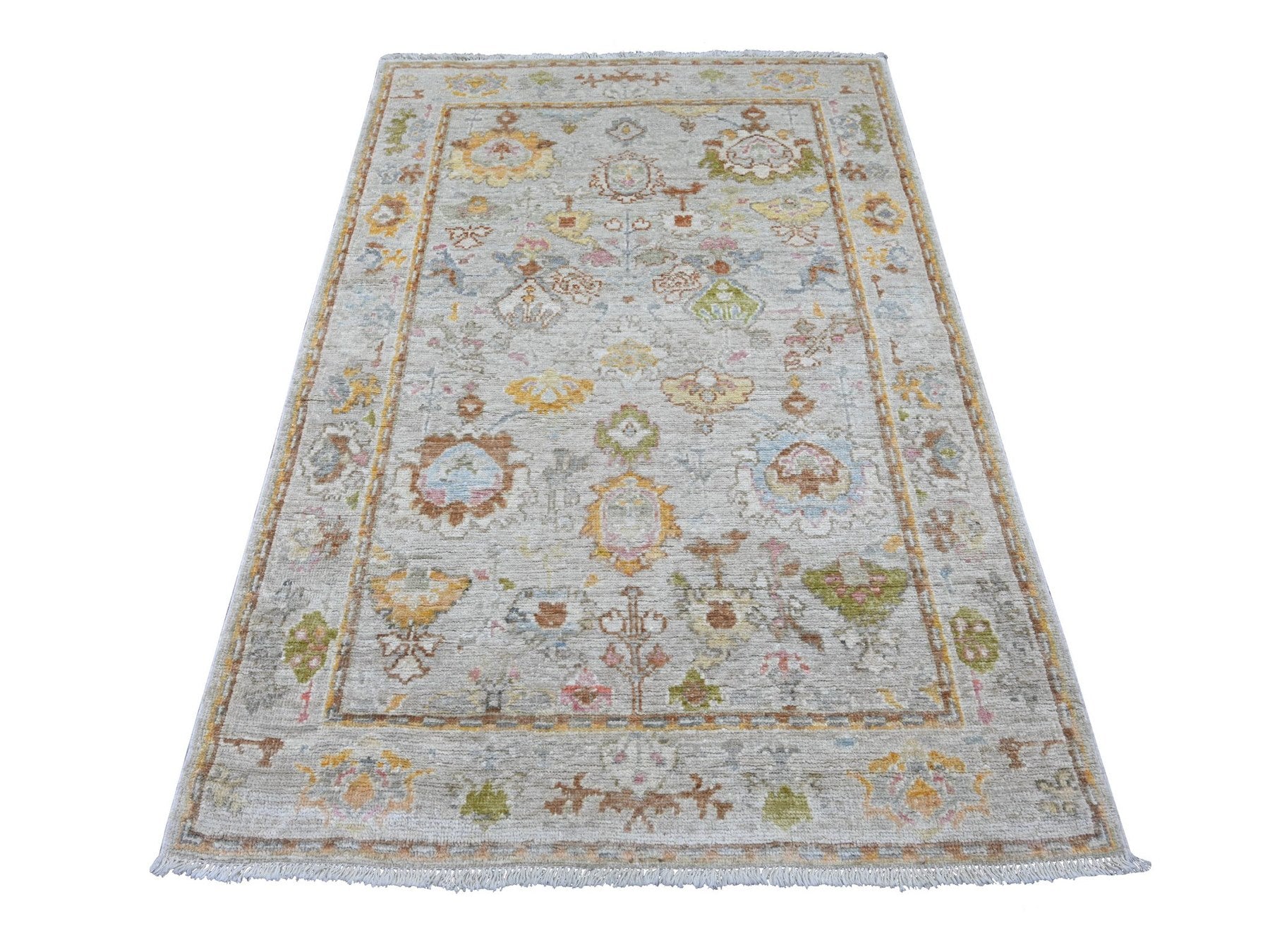 Grey 4'0" x 5'11" Oushak And Peshawar Hand knotted Wool Rug - Sku: O022397