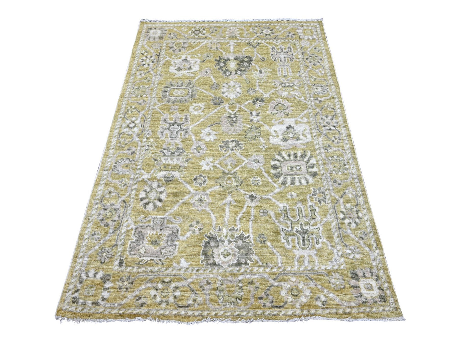 Green 4'1" x 6'1" Oushak And Peshawar Hand knotted Wool Rug - Sku: O022400