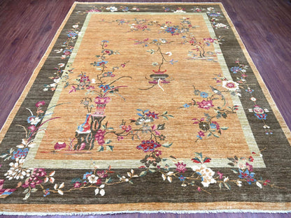Brown 8'1" x 9'8" Oushak And Peshawar Hand knotted Wool Rug - Sku: O022423