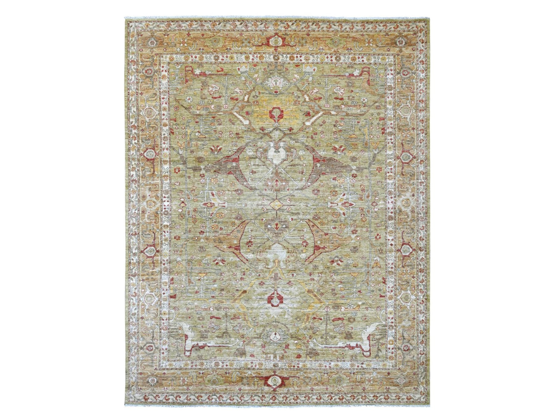 Peshawar Tribal & Geometric hand-knotted wool rug in Green & Gold, 7'11" x 10' — SKU O022429
