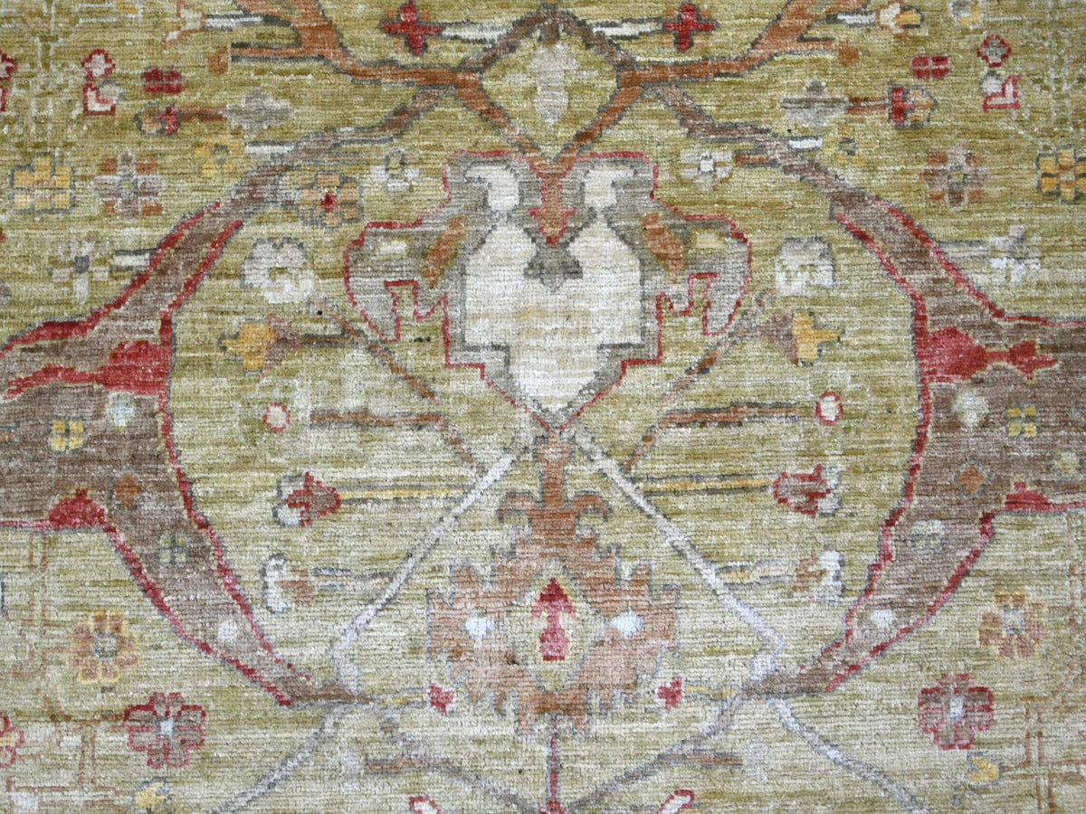 Peshawar Tribal & Geometric hand-knotted wool rug in Green & Gold, 7'11" x 10' — SKU O022429 (view 8)