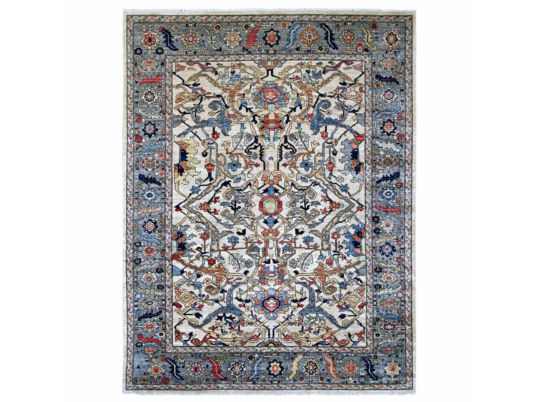Peshawar Tribal & Geometric hand-knotted wool rug in Ivory & Gray, 9'2" x 11'9" — SKU O022430