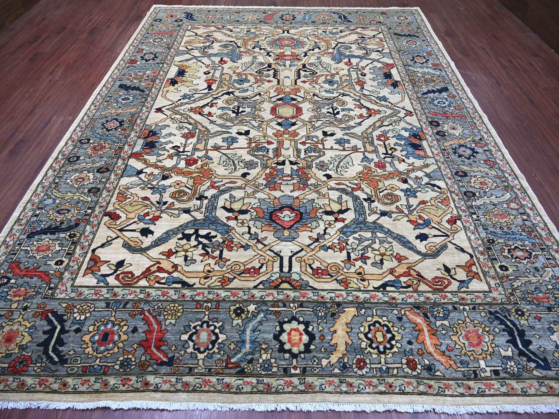 Peshawar Tribal & Geometric hand-knotted wool rug in Ivory & Gray, 9'2" x 11'9" — SKU O022430 (view 2)