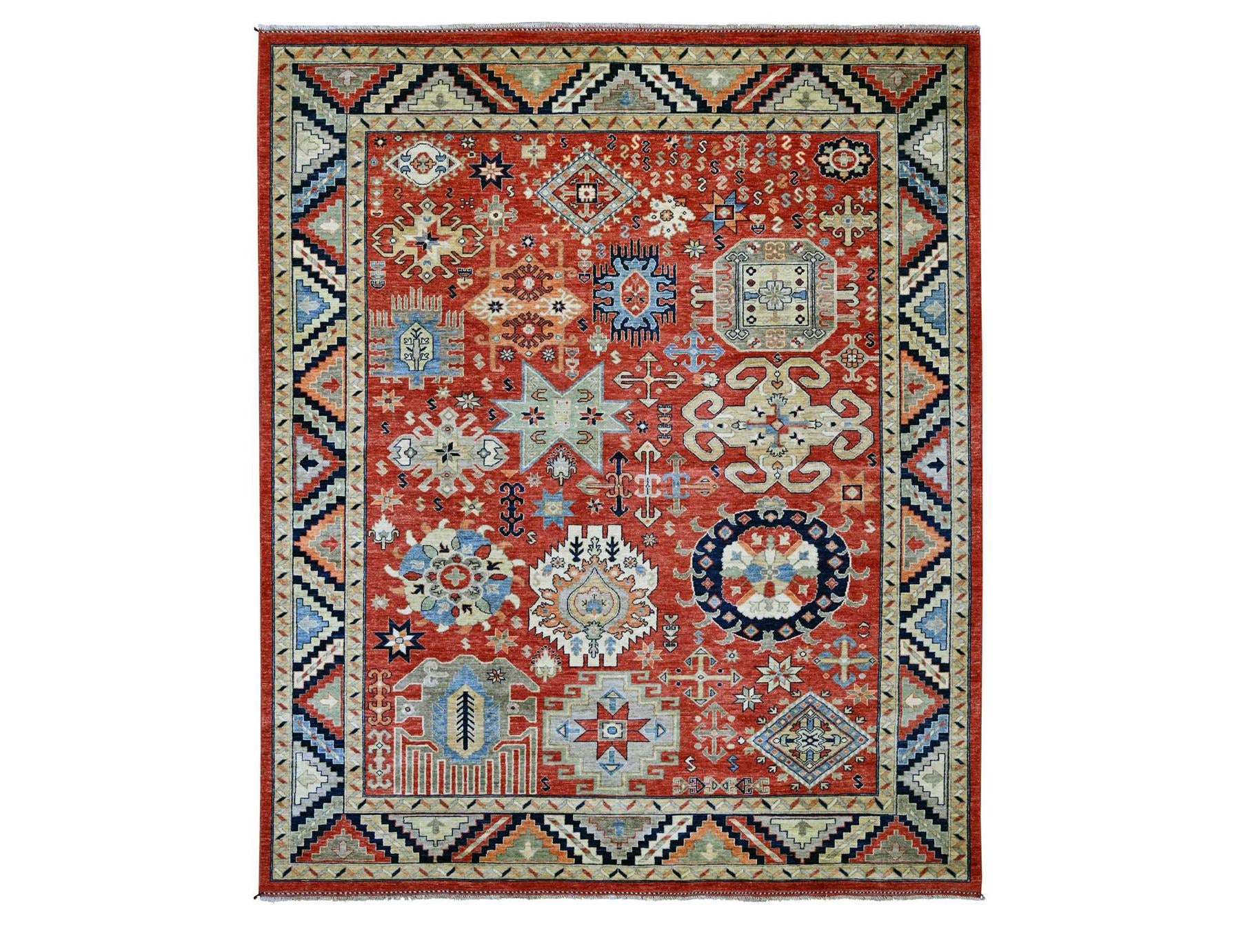 Ersari Kazak hand-knotted wool rug in Red & Midnight Blue, 8'1" x 9'9" — SKU O022435
