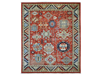 Ersari Kazak hand-knotted wool rug in Red & Midnight Blue, 8'1" x 9'9" — SKU O022435