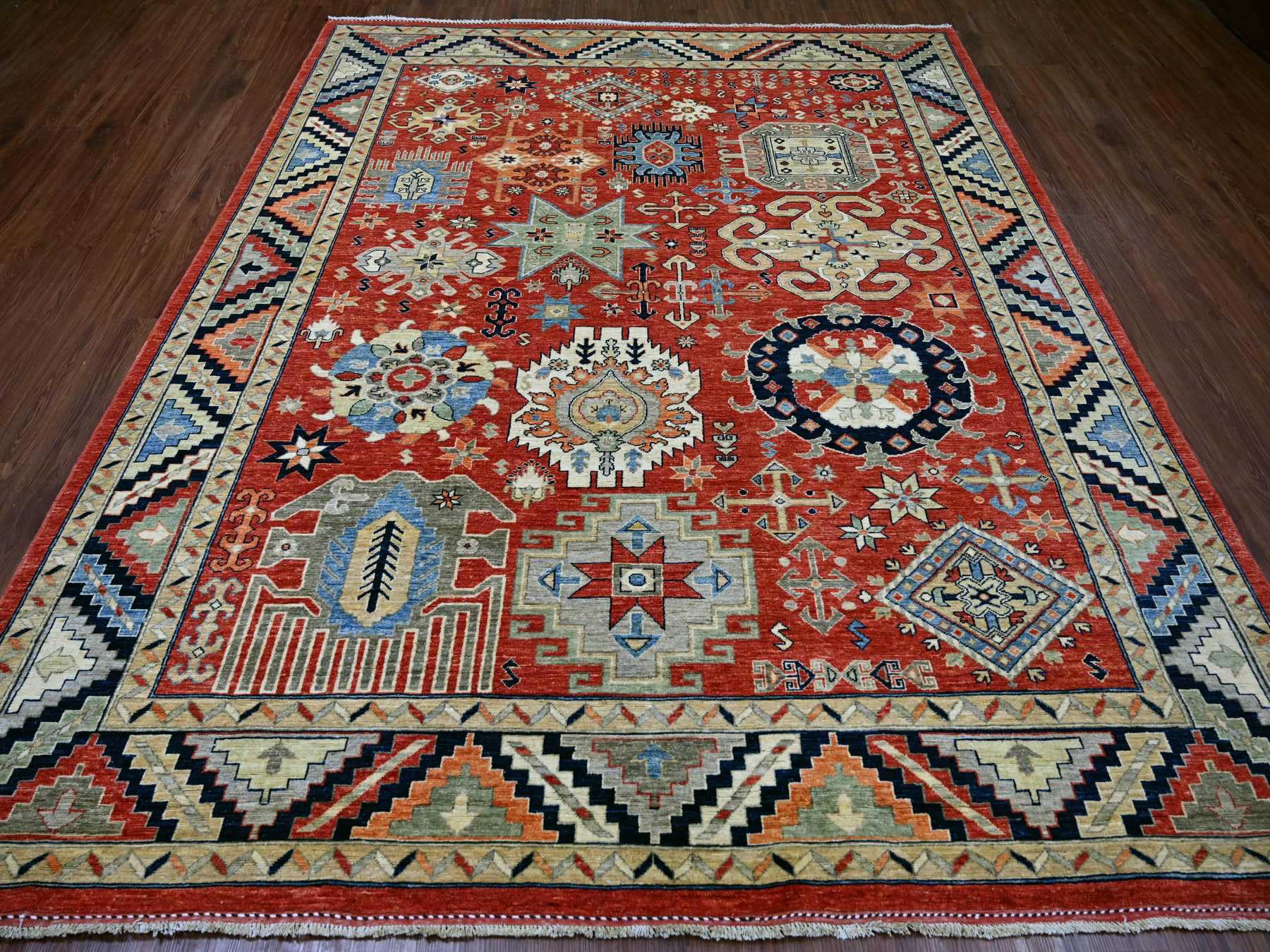 Ersari Kazak hand-knotted wool rug in Red & Midnight Blue, 8'1" x 9'9" — SKU O022435 (view 2)